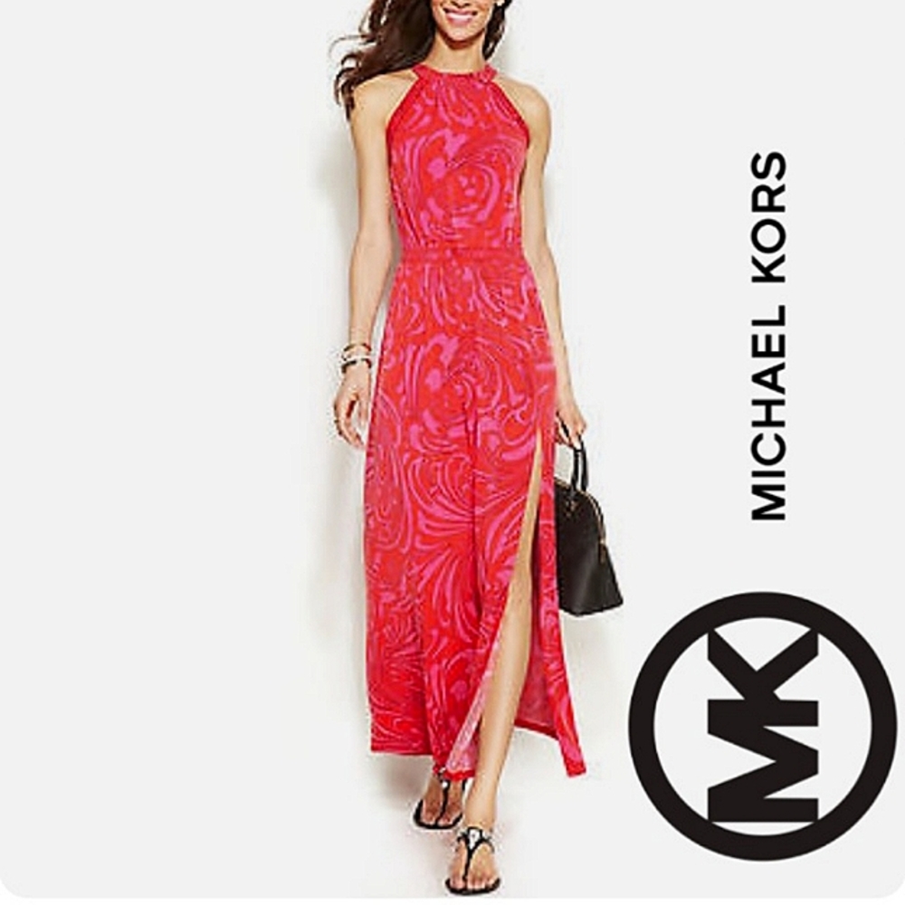 MICHAEL KORS Cynthia Paisley Halter Split Jersey Knit Maxi Dress NWT